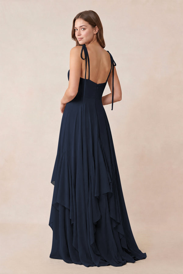 Cami Strap Ruffled A - Line Chiffon Bridesmaid Dress in Dark Navy - KissProm Bridesmaid Dresses