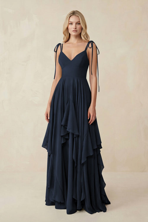 Cami Strap Ruffled A - Line Chiffon Bridesmaid Dress in Dark Navy - KissProm Bridesmaid Dresses