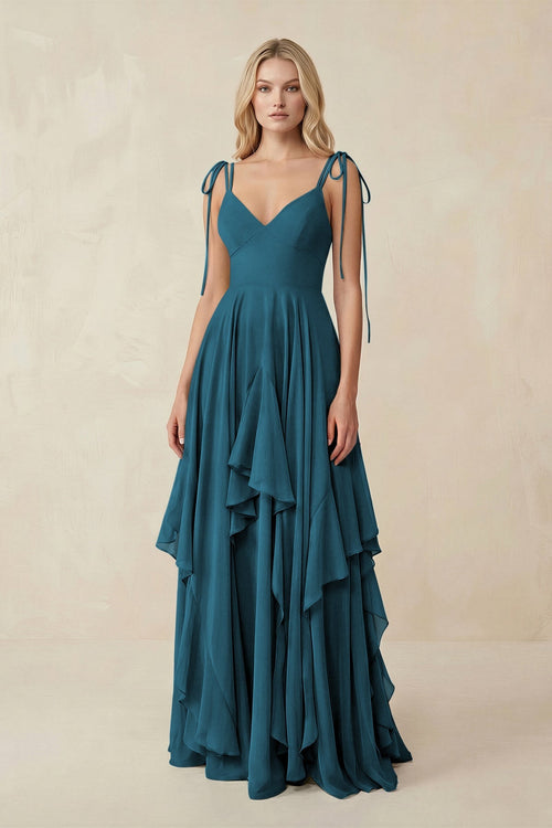 KissProm | Ruffled Chiffon A-Line Cami Strap Bridesmaid Gown in Dark Teal KissProm | Ruffled Chiffon A-Line Cami Strap Bridesmaid Gown in Dark Teal