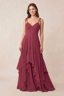 Cami Strap Ruffled A - Line Chiffon Bridesmaid Dress in Desert Rose - KissProm Bridesmaid Dresses