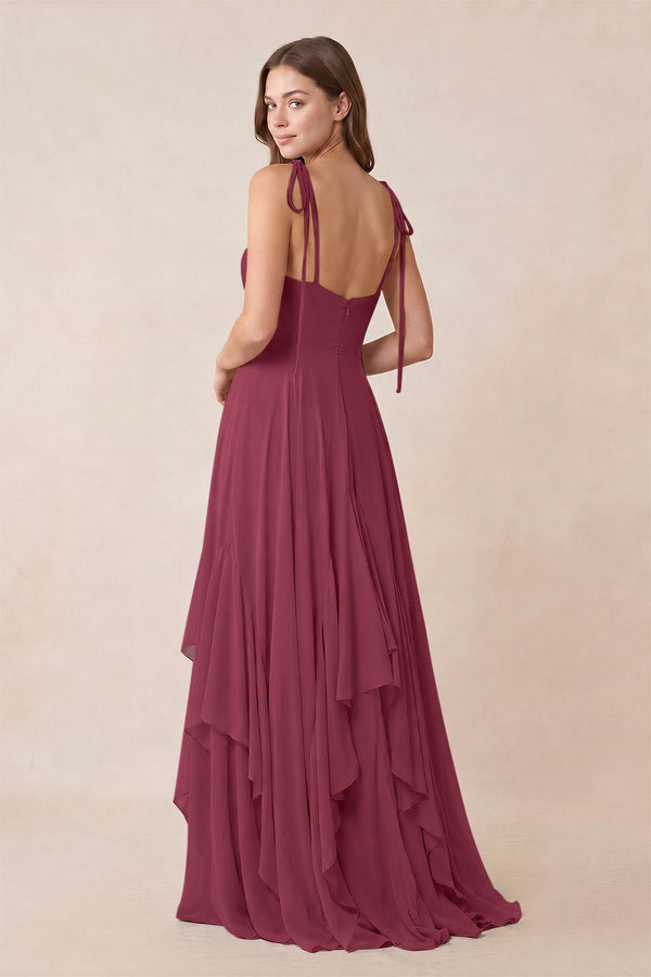 Cami Strap Ruffled A - Line Chiffon Bridesmaid Dress in Desert Rose - KissProm Bridesmaid Dresses