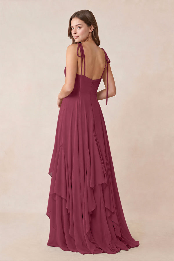 Cami Strap Ruffled A - Line Chiffon Bridesmaid Dress in Desert Rose - KissProm Bridesmaid Dresses