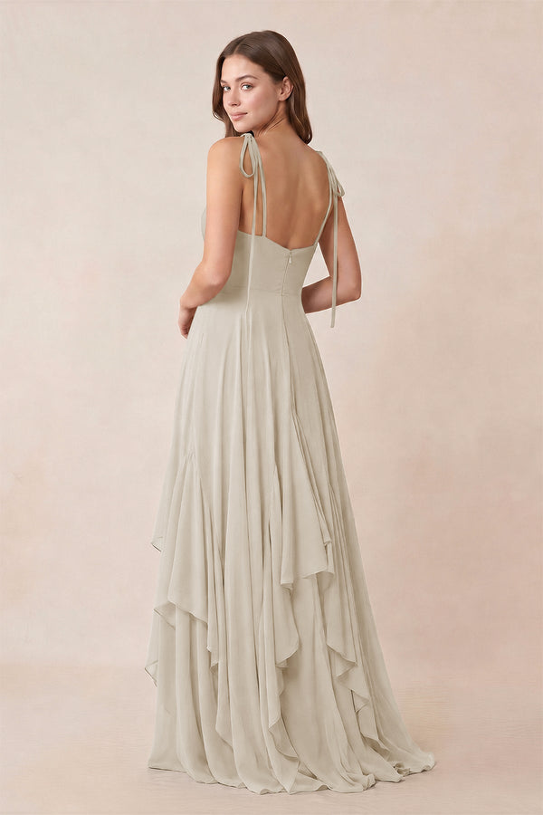 Cami Strap Ruffled A - Line Chiffon Bridesmaid Dress in Dove Gray - KissProm Bridesmaid Dresses
