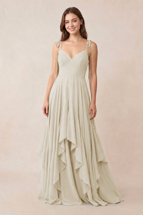 Cami Strap Ruffled A - Line Chiffon Bridesmaid Dress in Dove Gray - KissProm Bridesmaid Dresses