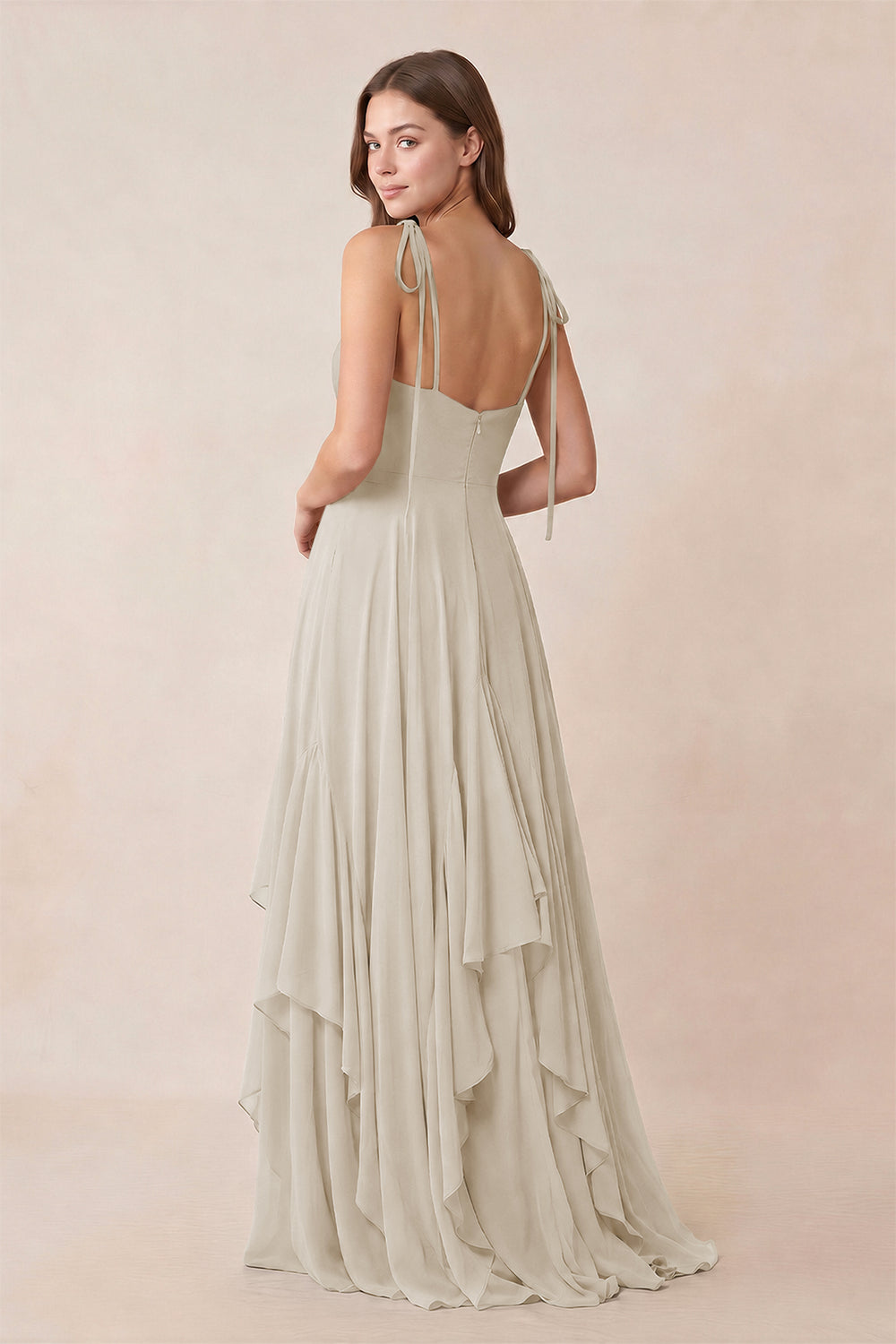Cami Strap Ruffled A - Line Chiffon Bridesmaid Dress in Dove Gray - KissProm Bridesmaid Dresses
