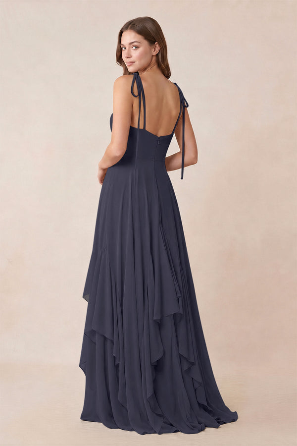 Cami Strap Ruffled A - Line Chiffon Bridesmaid Dress in Dusk Blue - KissProm Bridesmaid Dresses