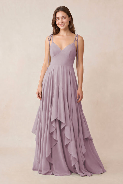 Cami Strap Ruffled A - Line Chiffon Bridesmaid Dress in Dusk - KissProm Bridesmaid Dresses