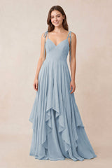 Cami Strap Ruffled A - Line Chiffon Bridesmaid Dress in Dusty Blue - KissProm Bridesmaid Dresses