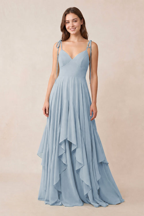 Cami Strap Ruffled A - Line Chiffon Bridesmaid Dress in Dusty Blue - KissProm Bridesmaid Dresses