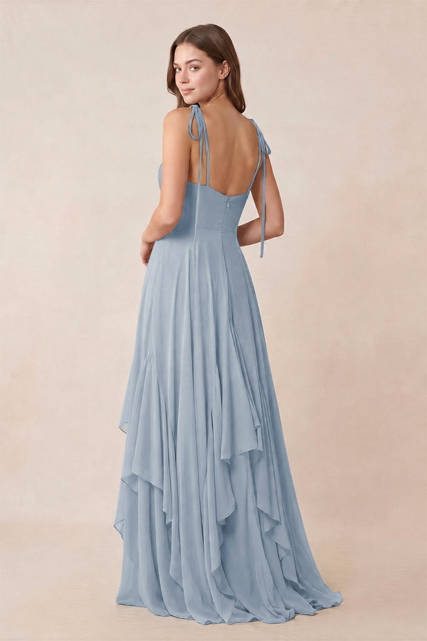 Cami Strap Ruffled A - Line Chiffon Bridesmaid Dress in Dusty Blue - KissProm Bridesmaid Dresses