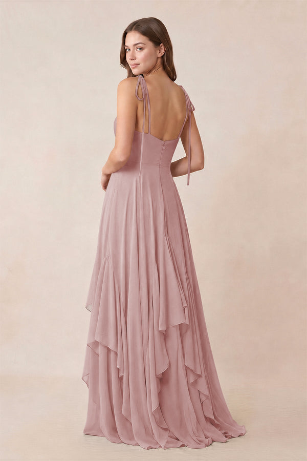 Cami Strap Ruffled A - Line Chiffon Bridesmaid Dress in Dusty Rose - KissProm Bridesmaid Dresses