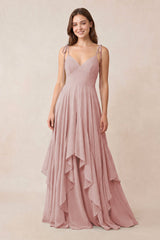 Cami Strap Ruffled A - Line Chiffon Bridesmaid Dress in Dusty Rose - KissProm Bridesmaid Dresses