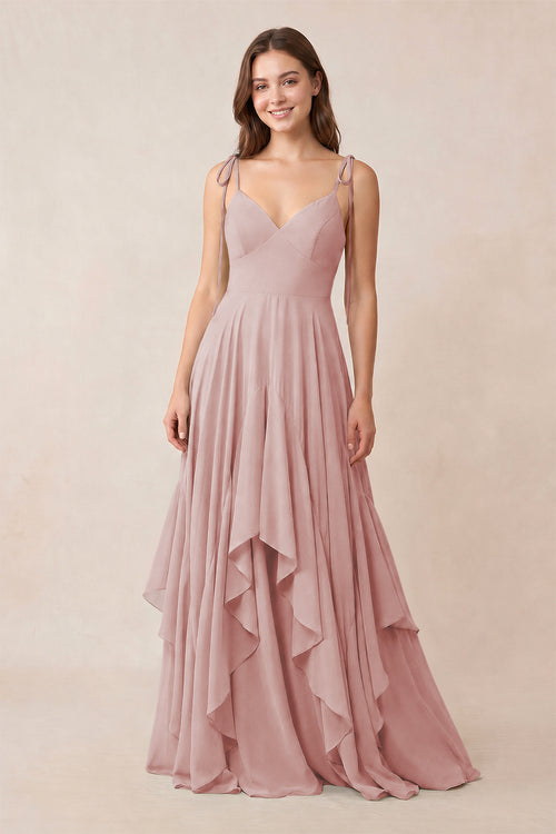 Cami Strap Ruffled A - Line Chiffon Bridesmaid Dress in Dusty Rose - KissProm Bridesmaid Dresses