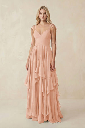 Cami Strap Ruffled A - Line Chiffon Bridesmaid Dress in English Rose - KissProm Bridesmaid Dresses