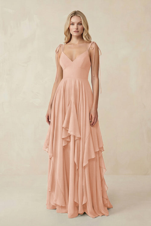Cami Strap Ruffled A - Line Chiffon Bridesmaid Dress in English Rose - KissProm Bridesmaid Dresses