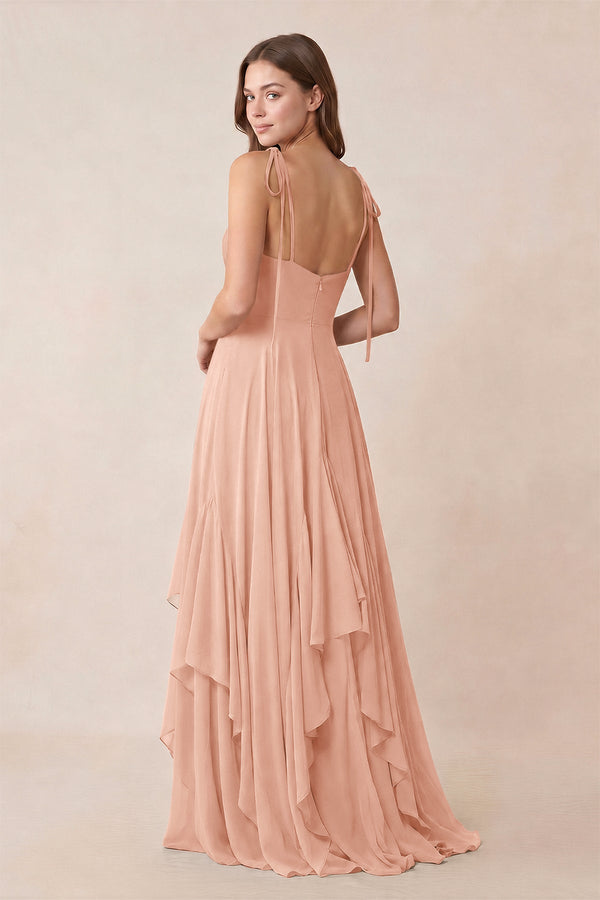 Cami Strap Ruffled A - Line Chiffon Bridesmaid Dress in English Rose - KissProm Bridesmaid Dresses