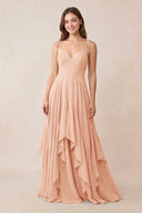 Cami Strap Ruffled A - Line Chiffon Bridesmaid Dress in English Rose - KissProm Bridesmaid Dresses