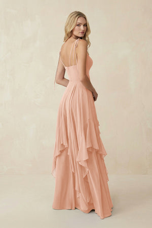 Cami Strap Ruffled A - Line Chiffon Bridesmaid Dress in English Rose - KissProm Bridesmaid Dresses
