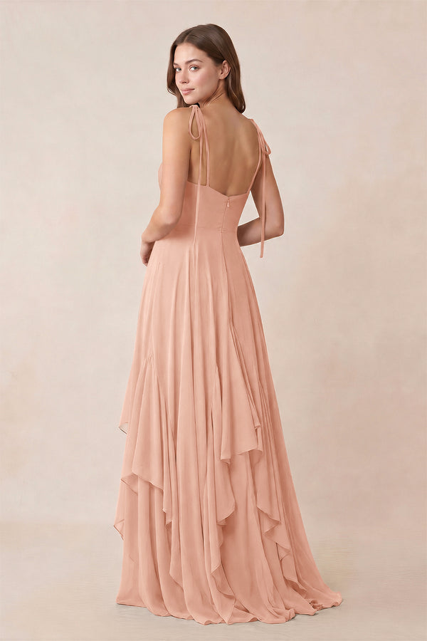 Cami Strap Ruffled A - Line Chiffon Bridesmaid Dress in English Rose - KissProm Bridesmaid Dresses