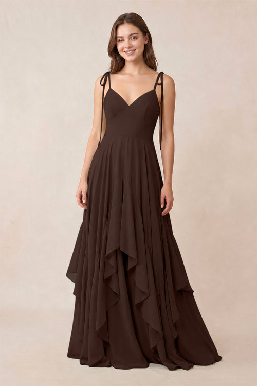 Cami Strap Ruffled A - Line Chiffon Bridesmaid Dress in Espresso - KissProm Bridesmaid Dresses