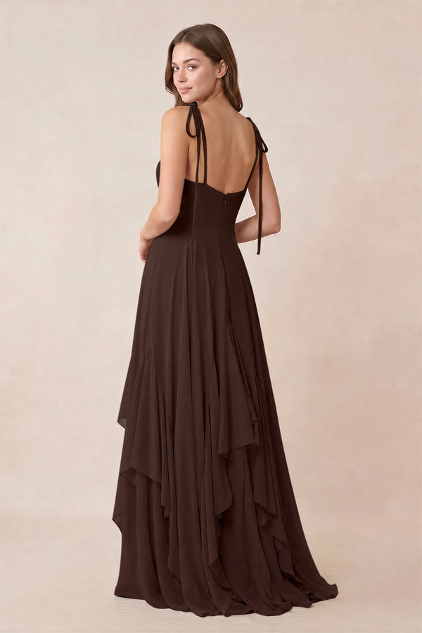Cami Strap Ruffled A - Line Chiffon Bridesmaid Dress in Espresso - KissProm Bridesmaid Dresses