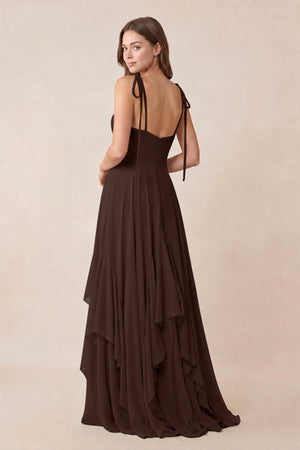 Cami Strap Ruffled A - Line Chiffon Bridesmaid Dress in Espresso - KissProm Bridesmaid Dresses