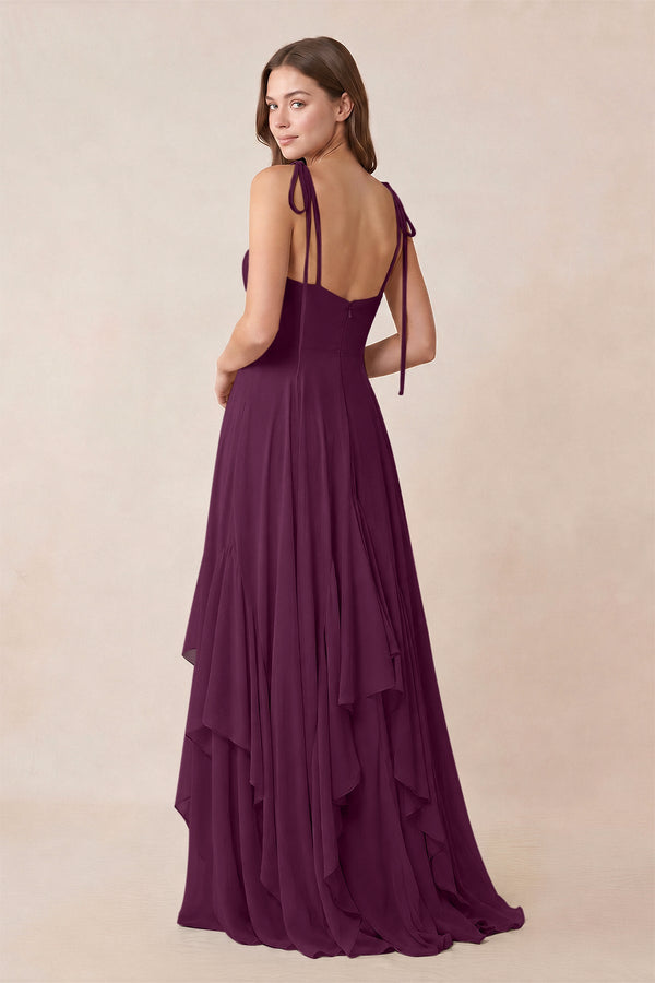 Cami Strap Ruffled A - Line Chiffon Bridesmaid Dress in Fig - KissProm Bridesmaid Dresses