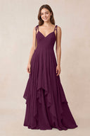 Cami Strap Ruffled A - Line Chiffon Bridesmaid Dress in Fig - KissProm Bridesmaid Dresses