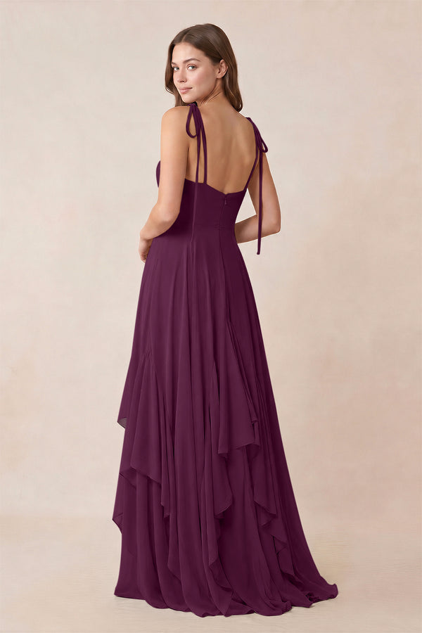 Cami Strap Ruffled A - Line Chiffon Bridesmaid Dress in Fig - KissProm Bridesmaid Dresses