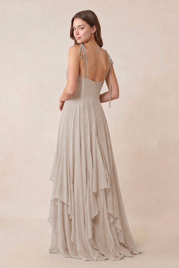 Cami Strap Ruffled A - Line Chiffon Bridesmaid Dress in Frost - KissProm Bridesmaid Dresses