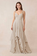 Cami Strap Ruffled A - Line Chiffon Bridesmaid Dress in Frost - KissProm Bridesmaid Dresses