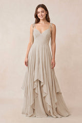 Cami Strap Ruffled A - Line Chiffon Bridesmaid Dress in Frost - KissProm Bridesmaid Dresses