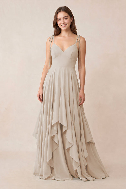 Cami Strap Ruffled A - Line Chiffon Bridesmaid Dress in Frost - KissProm Bridesmaid Dresses