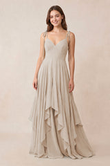 Cami Strap Ruffled A - Line Chiffon Bridesmaid Dress in Frost - KissProm Bridesmaid Dresses