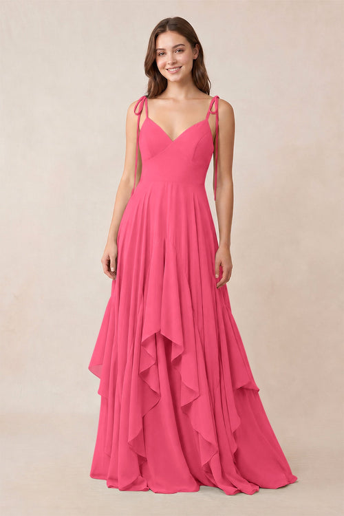 Cami Strap Ruffled A - Line Chiffon Bridesmaid Dress in Fuchsia - KissProm Bridesmaid Dresses