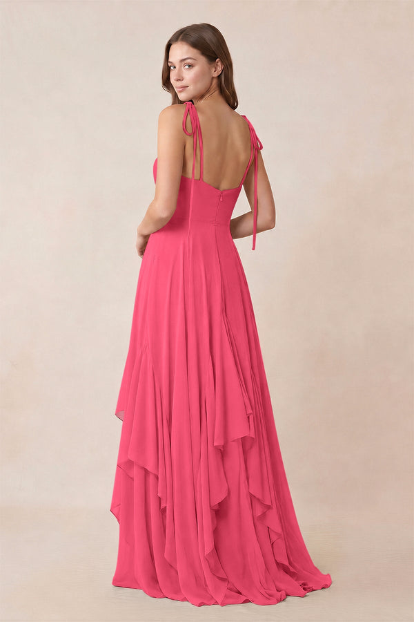 Cami Strap Ruffled A - Line Chiffon Bridesmaid Dress in Fuchsia - KissProm Bridesmaid Dresses
