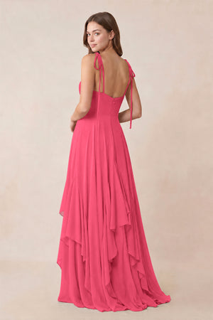 Cami Strap Ruffled A - Line Chiffon Bridesmaid Dress in Fuchsia - KissProm Bridesmaid Dresses