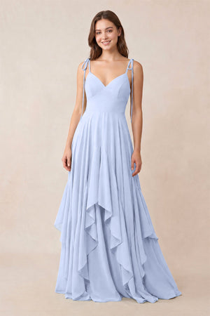 Cami Strap Ruffled A - Line Chiffon Bridesmaid Dress in Ice - KissProm Bridesmaid Dresses