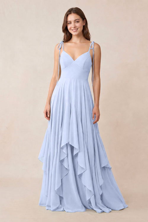 Cami Strap Ruffled A - Line Chiffon Bridesmaid Dress in Ice - KissProm Bridesmaid Dresses