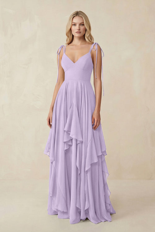 Cami Strap Ruffled A - Line Chiffon Bridesmaid Dress in Lavender - KissProm Bridesmaid Dresses