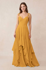Cami Strap Ruffled A - Line Chiffon Bridesmaid Dress in Marigold - KissProm Bridesmaid Dresses