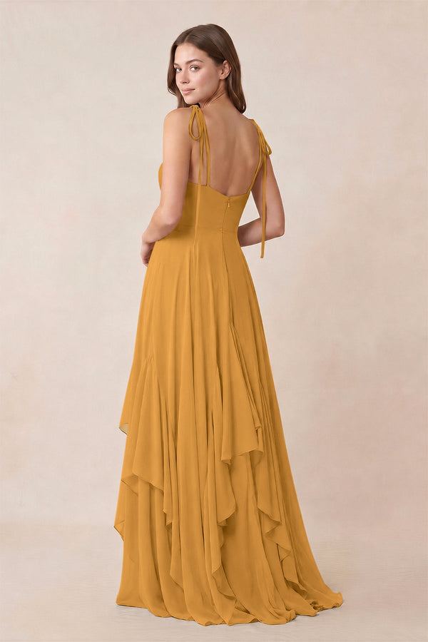 Cami Strap Ruffled A - Line Chiffon Bridesmaid Dress in Marigold - KissProm Bridesmaid Dresses