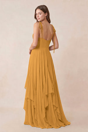 Cami Strap Ruffled A - Line Chiffon Bridesmaid Dress in Marigold - KissProm Bridesmaid Dresses
