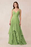 Cami Strap Ruffled A - Line Chiffon Bridesmaid Dress in Matcha - KissProm Bridesmaid Dresses