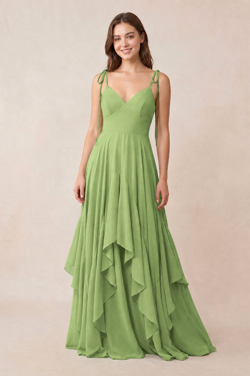 Cami Strap Ruffled A - Line Chiffon Bridesmaid Dress in Matcha - KissProm Bridesmaid Dresses