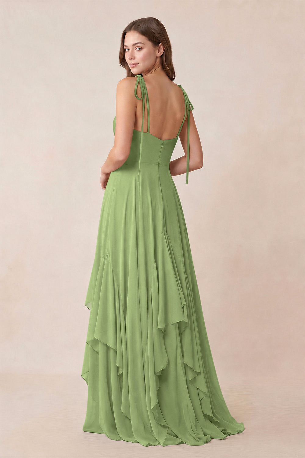 Cami Strap Ruffled A - Line Chiffon Bridesmaid Dress in Matcha - KissProm Bridesmaid Dresses