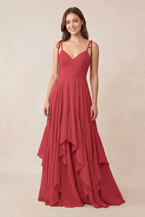 Cami Strap Ruffled A - Line Chiffon Bridesmaid Dress in Merlot - KissProm Bridesmaid Dresses