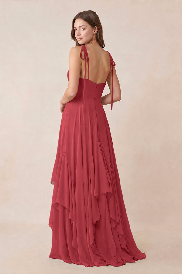 Cami Strap Ruffled A - Line Chiffon Bridesmaid Dress in Merlot - KissProm Bridesmaid Dresses