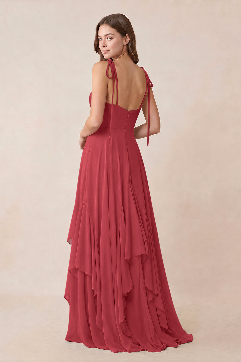 Cami Strap Ruffled A - Line Chiffon Bridesmaid Dress in Merlot - KissProm Bridesmaid Dresses