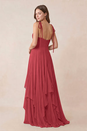 Cami Strap Ruffled A - Line Chiffon Bridesmaid Dress in Merlot - KissProm Bridesmaid Dresses